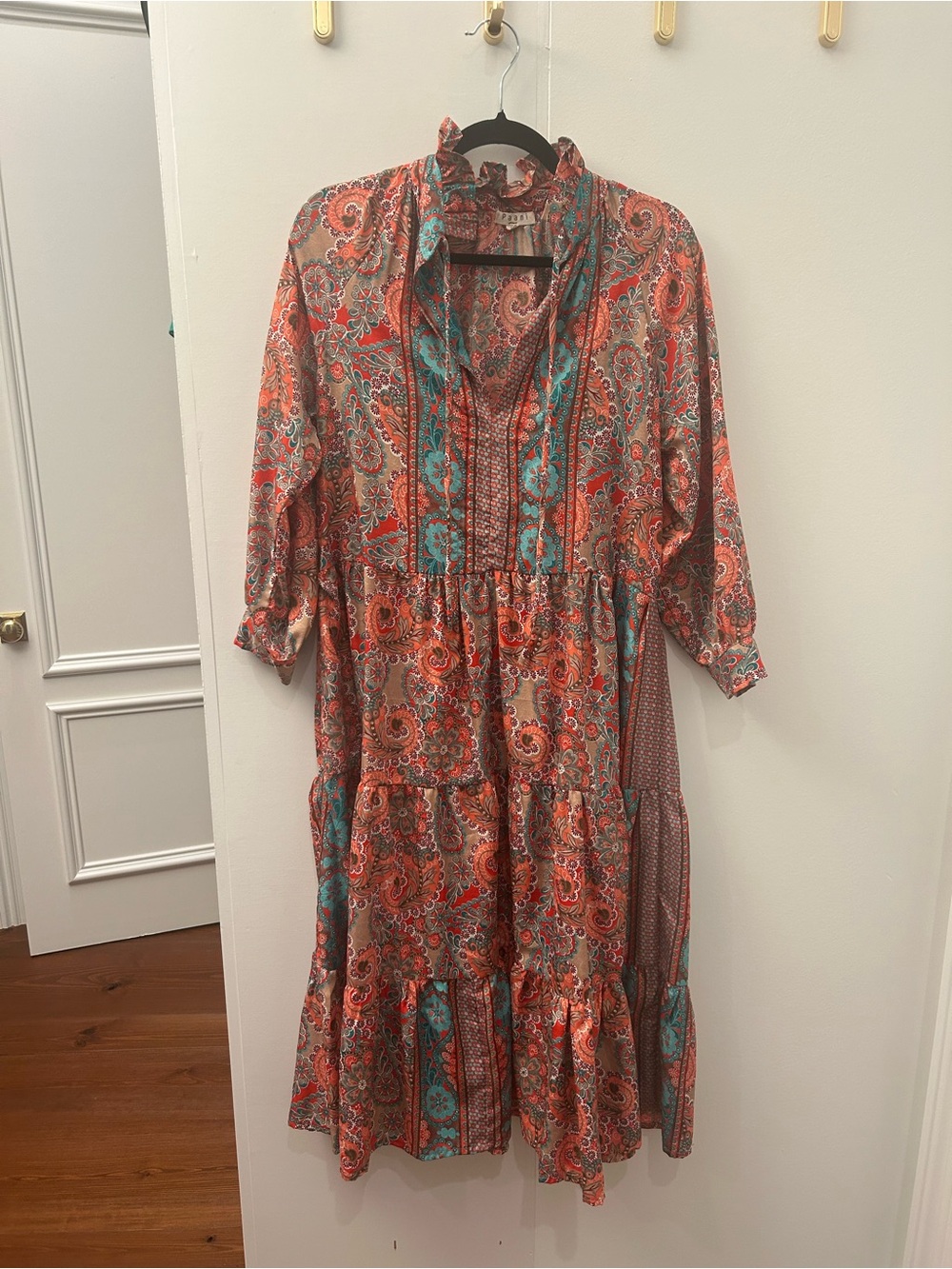 Paisley Tiered Midi Dress in Coral and Teal